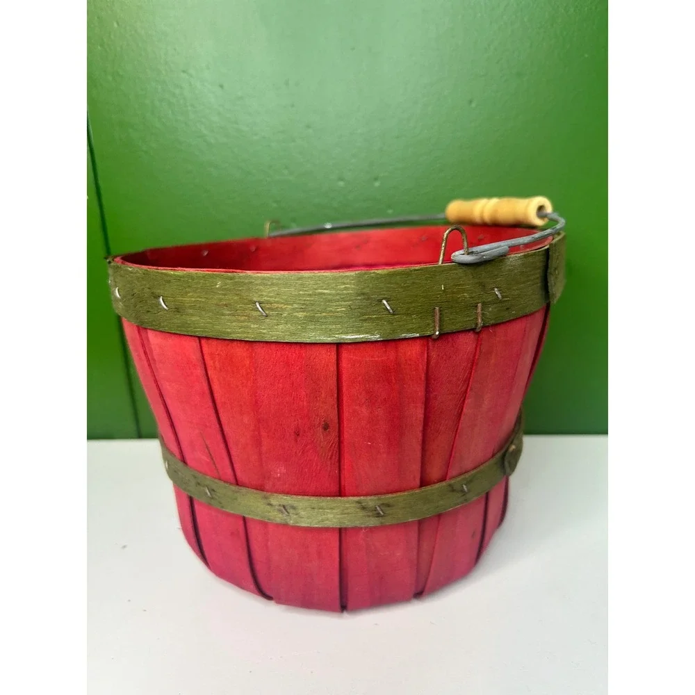 Vintage Red and Green Woven Wood Bushel Basket with Wire Handle Farmhouse Decor